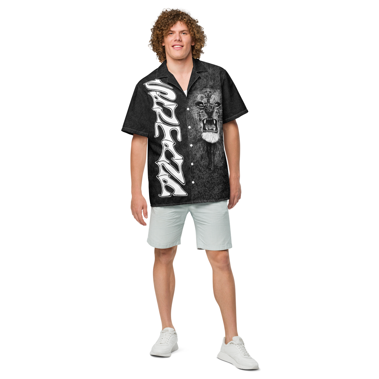 White Lion Album Art Allover Button Up Shirt - Black